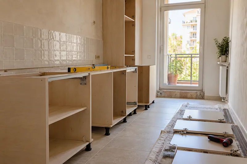 Visualización conceptual IA: Módulos de cocina en montaje con puertas pendientes de colocar.