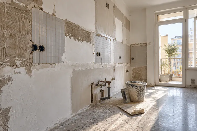 Visualización conceptual IA: Cocina sin muebles con paredes en preparación y zonas de enlucido.